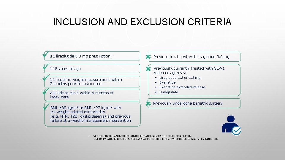 INCLUSION AND EXCLUSION CRITERIA ≥ 1 liraglutide 3. 0 mg prescription* ≥ 18 years