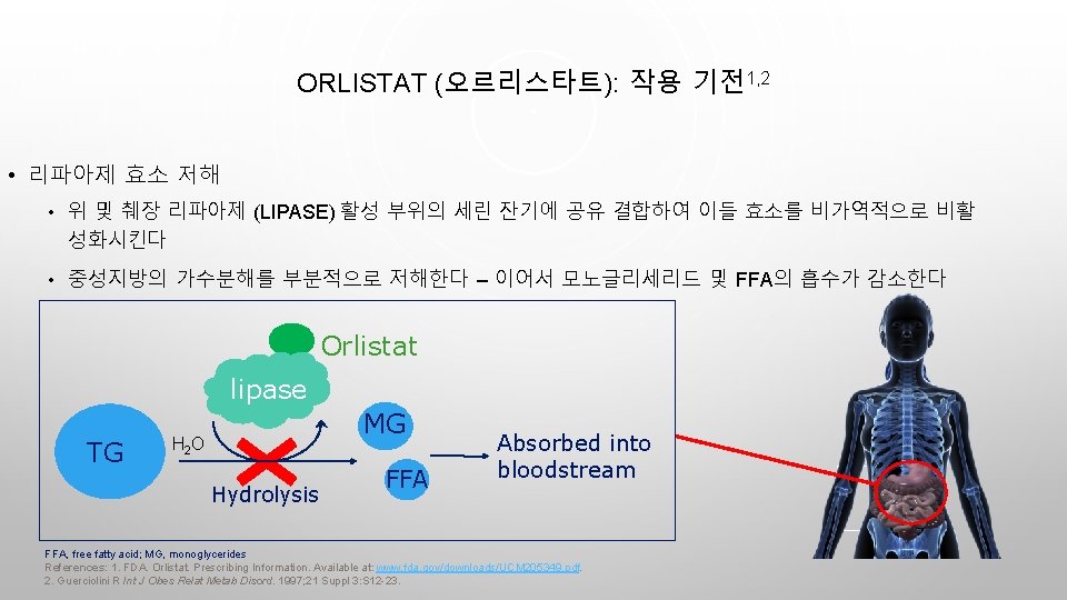 ORLISTAT (오르리스타트): 작용 기전1, 2 • 리파아제 효소 저해 • 위 및 췌장 리파아제