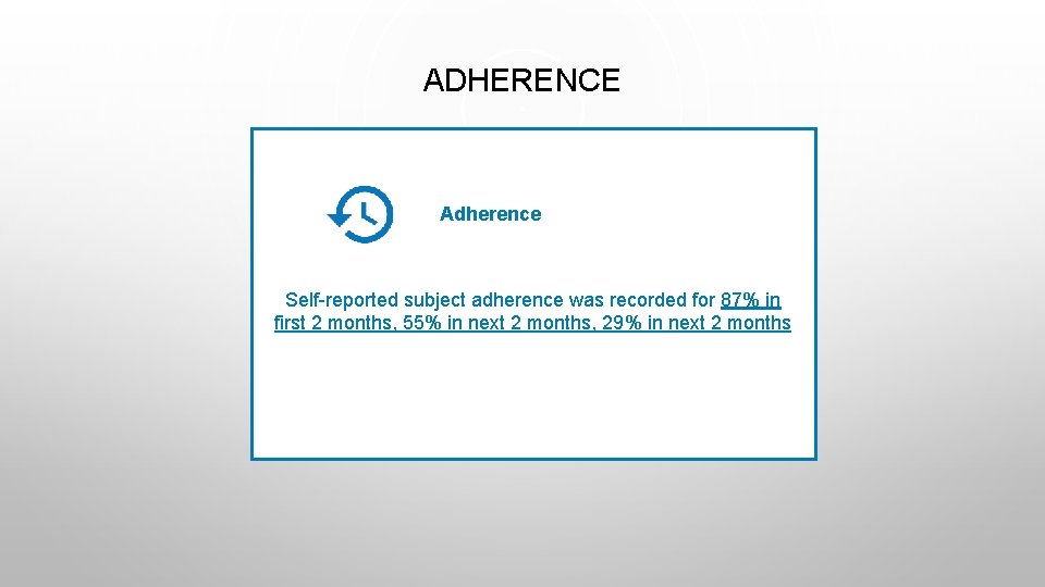 ADHERENCE Adherence Self-reported subject adherence was recorded for 87% in first 2 months, 55%