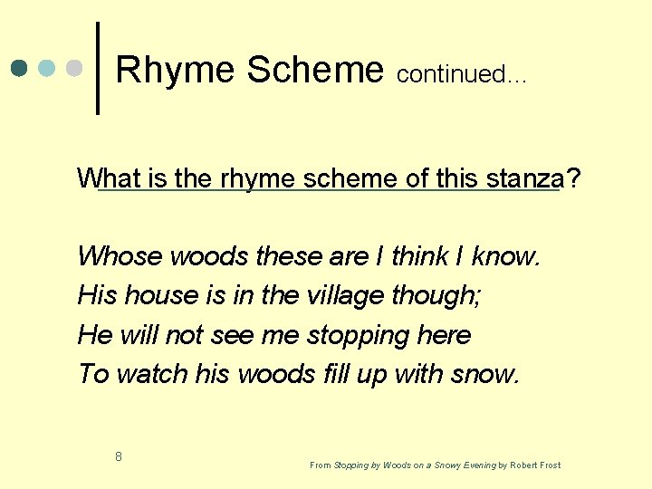 Rhyme Scheme continued… What is the rhyme scheme of this stanza? Whose woods these Rhyme Scheme continued… What is the rhyme scheme of this stanza? Whose woods these