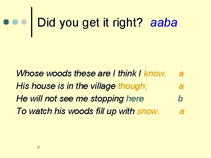 Did you get it right? aaba Whose woods these are I think I know. Did you get it right? aaba Whose woods these are I think I know.