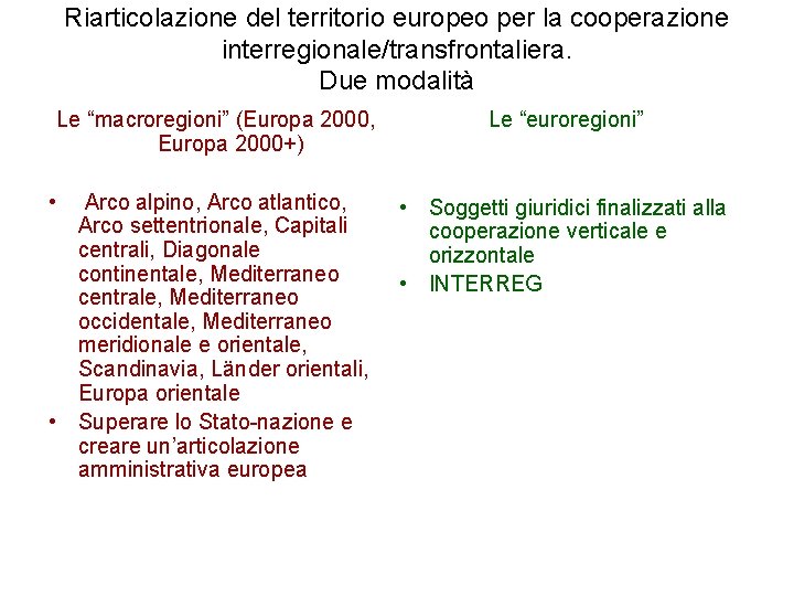 Riarticolazione del territorio europeo per la cooperazione interregionale/transfrontaliera. Due modalità Le “macroregioni” (Europa 2000,