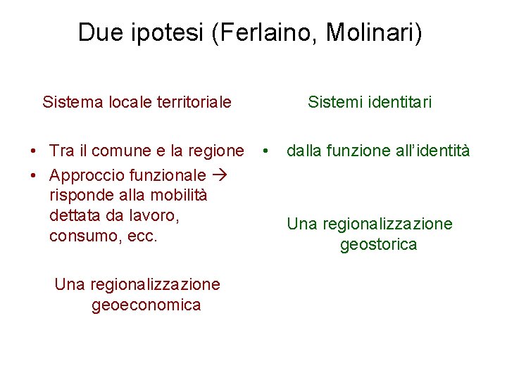 Due ipotesi (Ferlaino, Molinari) Sistema locale territoriale • Tra il comune e la regione