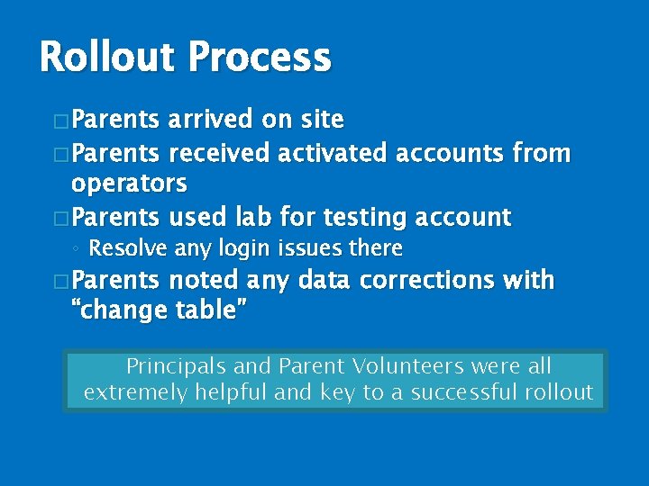 Rollout Process � Parents arrived on site � Parents received activated accounts from operators