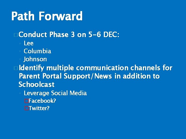 Path Forward � Conduct ◦ ◦ ◦ Phase 3 on 5 -6 DEC: Lee