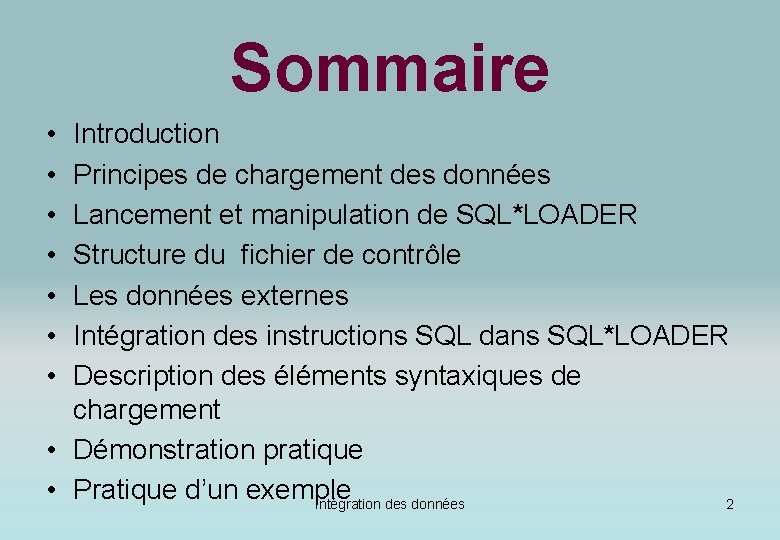 Sommaire • • Introduction Principes de chargement des données Lancement et manipulation de SQL*LOADER