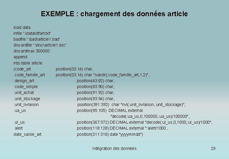 EXEMPLE : chargement des données article load data infile '. datastfart. txt' badfile '.