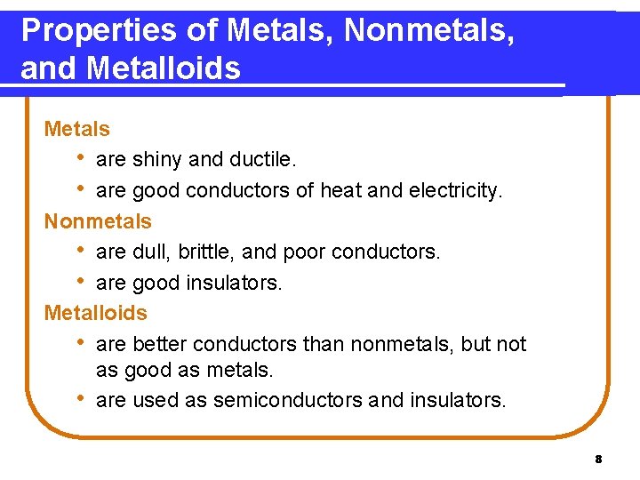 Properties of Metals, Nonmetals, and Metalloids Metals • are shiny and ductile. • are Properties of Metals, Nonmetals, and Metalloids Metals • are shiny and ductile. • are