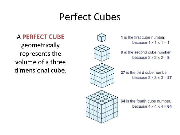 Perfect Cubes A PERFECT CUBE geometrically represents the volume of a three dimensional cube.