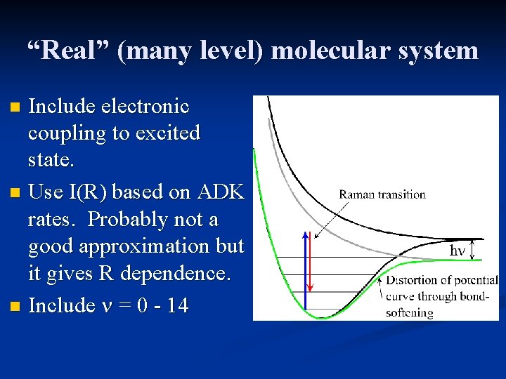 “Real” (many level) molecular system Include electronic coupling to excited state. n Use I(R)