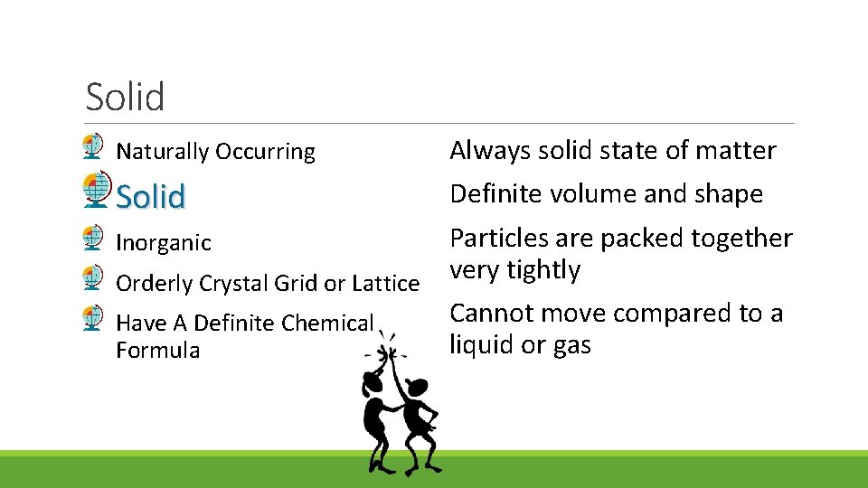 Solid Naturally Occurring Always solid state of matter Solid Definite volume and shape Particles