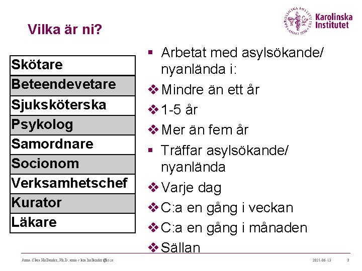 Vilka är ni? Skötare Beteendevetare Sjuksköterska Psykolog Samordnare Socionom Verksamhetschef Kurator Läkare Anna-Clara Hollander, Vilka är ni? Skötare Beteendevetare Sjuksköterska Psykolog Samordnare Socionom Verksamhetschef Kurator Läkare Anna-Clara Hollander,