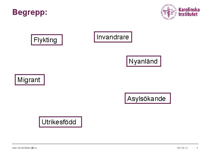 Begrepp: Flykting Invandrare Nyanländ Migrant Asylsökande Utrikesfödd anna-clara. hollander@ki. se 2021 -06 -13 3 Begrepp: Flykting Invandrare Nyanländ Migrant Asylsökande Utrikesfödd anna-clara. hollander@ki. se 2021 -06 -13 3