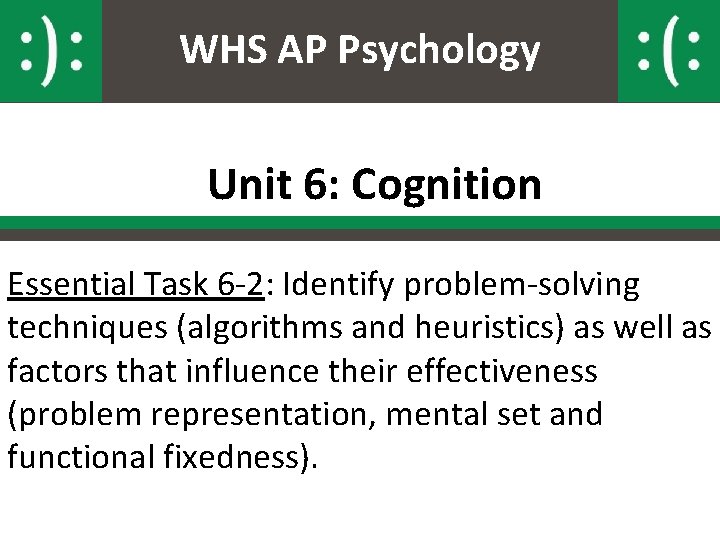 WHS AP Psychology Unit 6: Cognition Essential Task 6 -2: Identify problem-solving techniques (algorithms