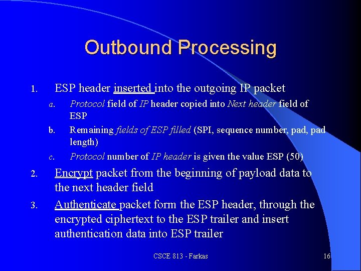 Outbound Processing 1. ESP header inserted into the outgoing IP packet a. b. c.