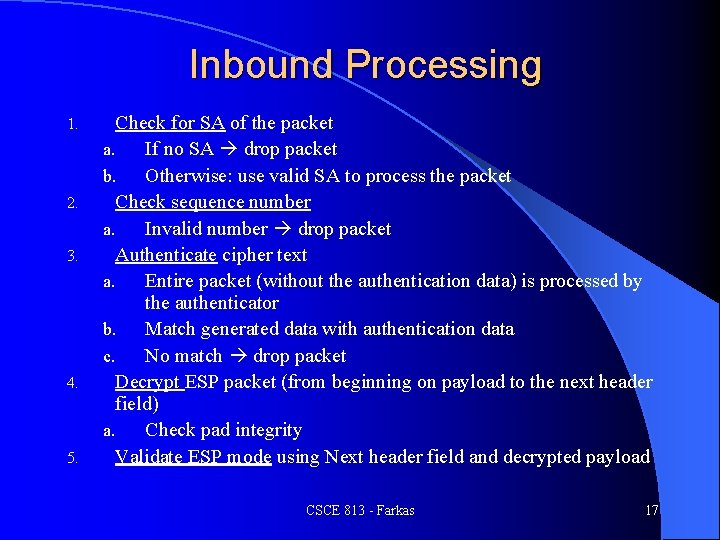 Inbound Processing 1. 2. 3. 4. 5. Check for SA of the packet a.