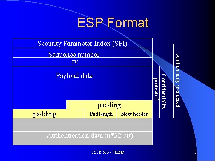 ESP Format Security Parameter Index (SPI) IV Confidentiality protected Payload data padding Pad length