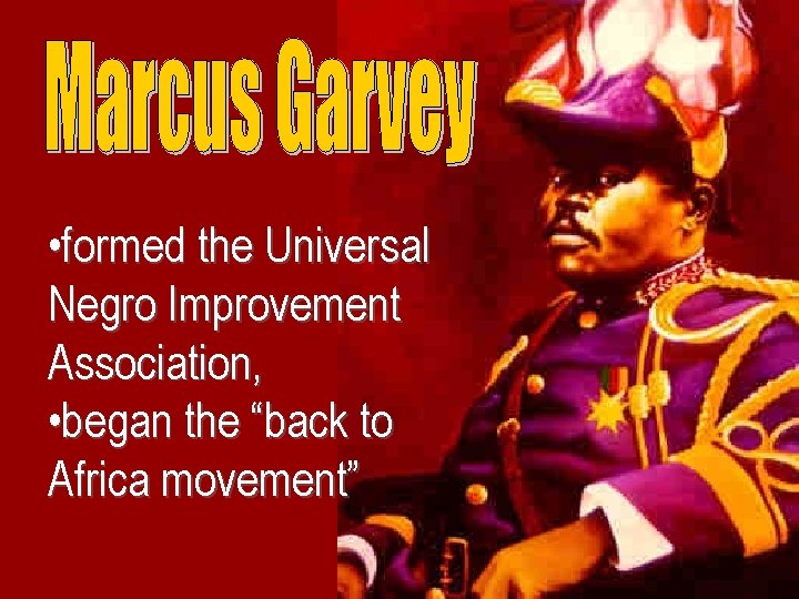  • formed the Universal Negro Improvement Association, • began the “back to Africa