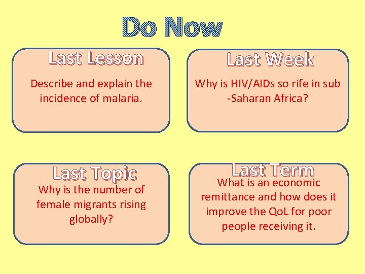 Do Now Last Lesson Last Week Describe and explain the incidence of malaria. Why