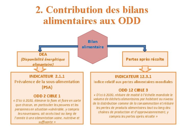 2. Contribution des bilans alimentaires aux ODD Bilan alimentaire DEA (Disponibilité énergétique alimentaire) INDICATEUR