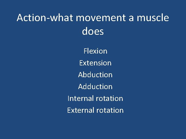 Action-what movement a muscle does Flexion Extension Abduction Adduction Internal rotation External rotation 