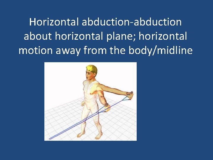 Horizontal abduction-abduction about horizontal plane; horizontal motion away from the body/midline 