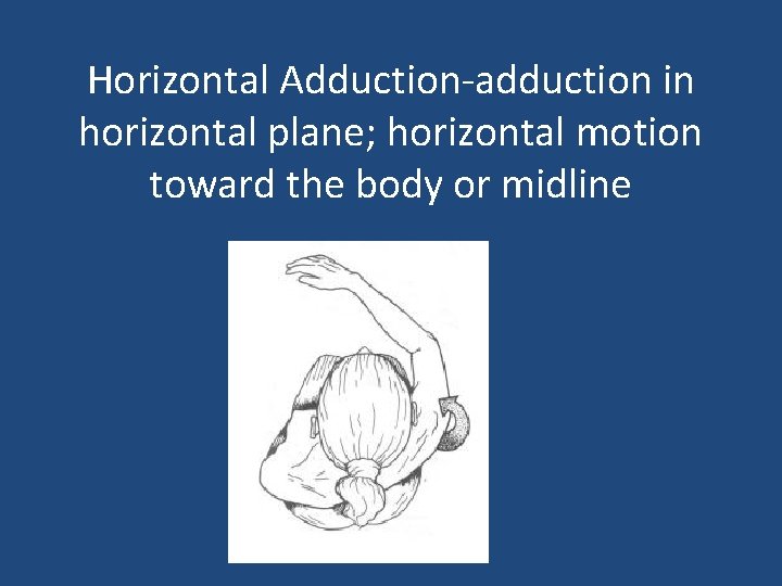 Horizontal Adduction-adduction in horizontal plane; horizontal motion toward the body or midline 