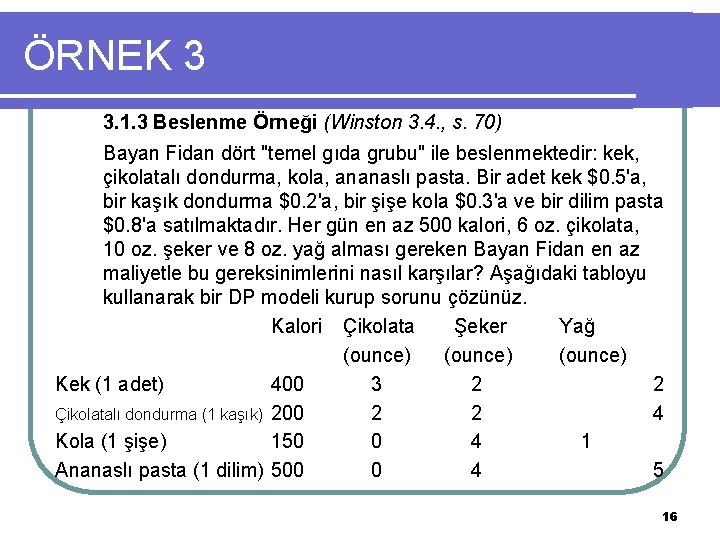 ÖRNEK 3 3. 1. 3 Beslenme Örneği (Winston 3. 4. , s. 70) Bayan