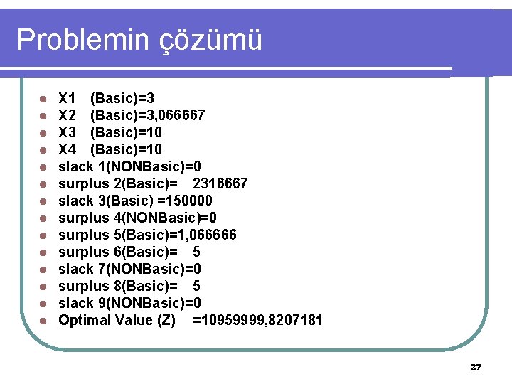 Problemin çözümü l l l l X 1 (Basic)=3 X 2 (Basic)=3, 066667 X