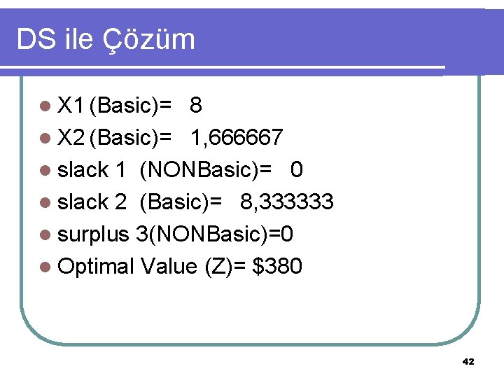 DS ile Çözüm l X 1 (Basic)= 8 l X 2 (Basic)= 1, 666667