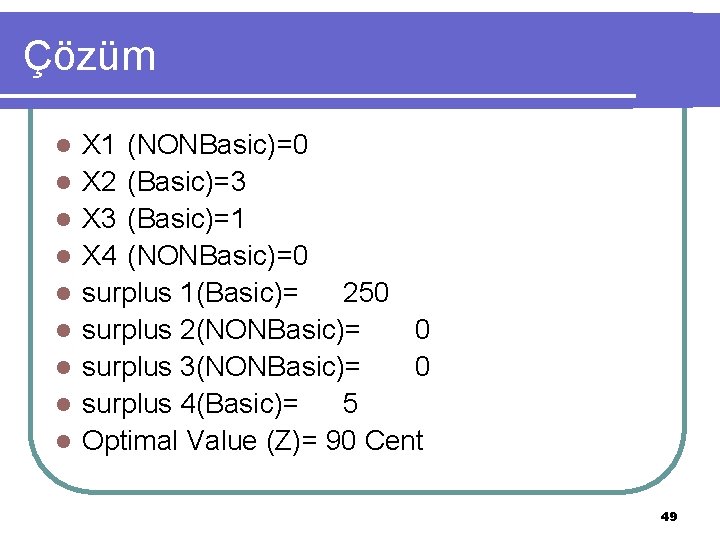 Çözüm l l l l l X 1 (NONBasic)=0 X 2 (Basic)=3 X 3