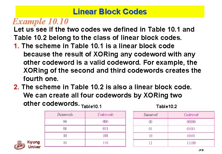 Example 10. 10 Linear Block Codes Let us see if the two codes we