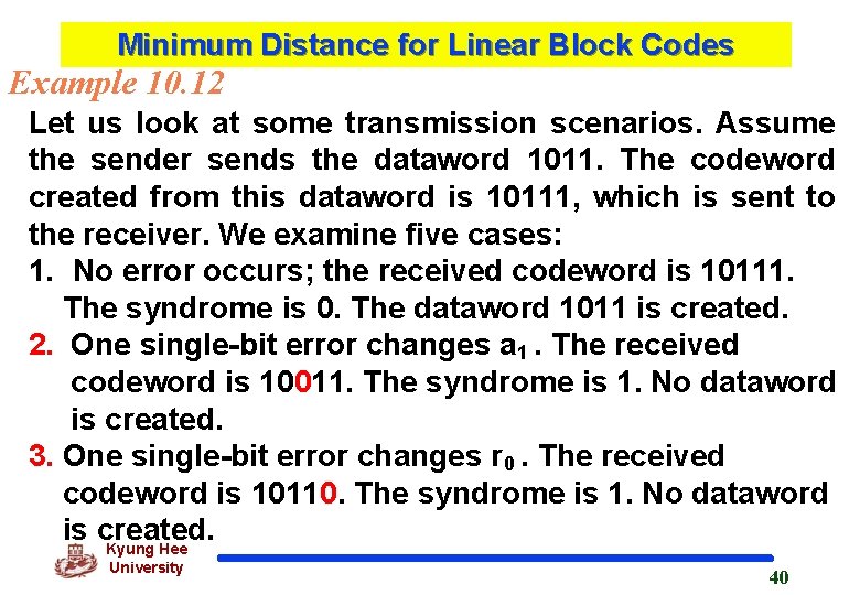 Minimum Distance for Linear Block Codes Example 10. 12 Let us look at some