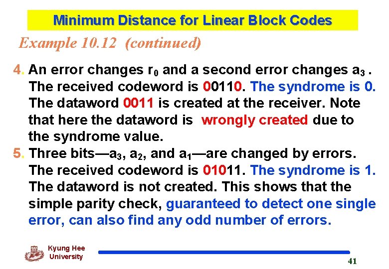 Minimum Distance for Linear Block Codes Example 10. 12 (continued) 4. An error changes