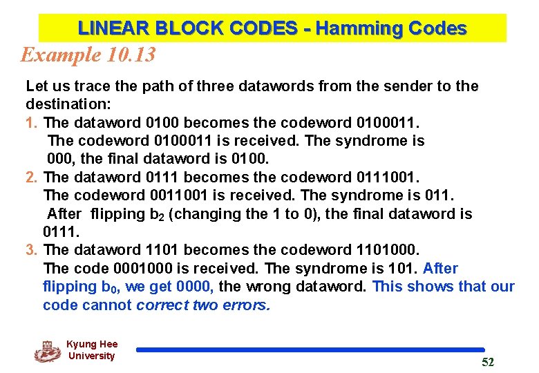 LINEAR BLOCK CODES - Hamming Codes Example 10. 13 Let us trace the path