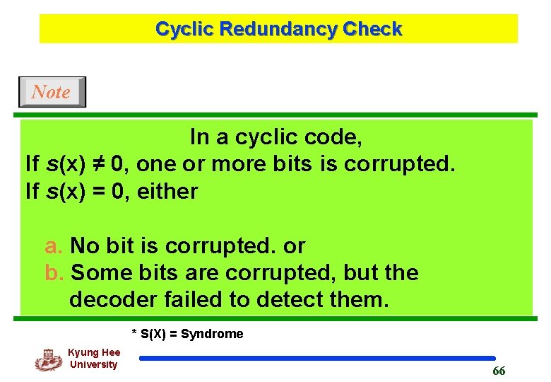 Cyclic Redundancy Check Note In a cyclic code, If s(x) ≠ 0, one or