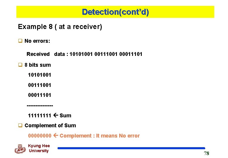 Detection(cont’d) Example 8 ( at a receiver) q No errors: Received data : 10101001