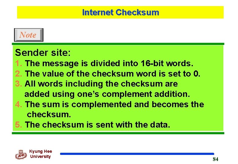 Internet Checksum Note Sender site: 1. The message is divided into 16 -bit words.