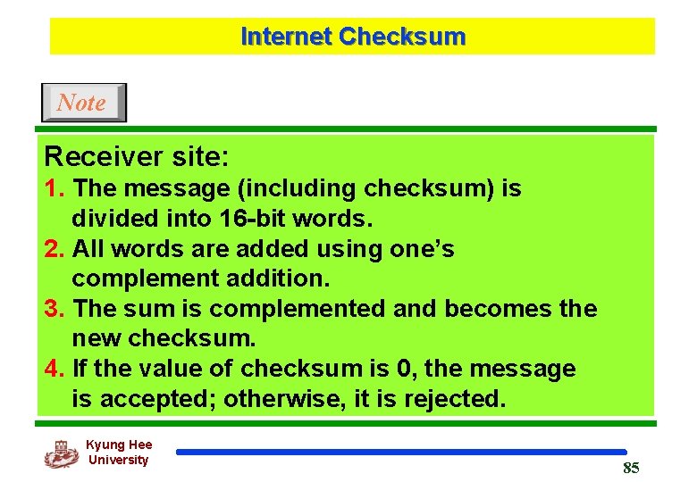 Internet Checksum Note Receiver site: 1. The message (including checksum) is divided into 16