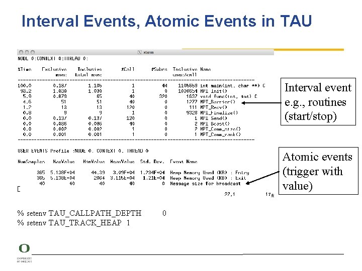 Interval Events, Atomic Events in TAU Interval event e. g. , routines (start/stop) Atomic