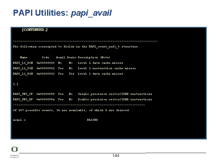 PAPI Utilities: papi_avail [CONTINUED…] ----------------------------------------The following correspond to fields in the PAPI_event_info_t structure. Name