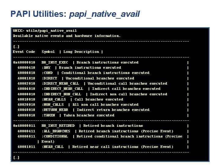 PAPI Utilities: papi_native_avail UNIX> utils/papi_native_avail Available native events and hardware information. ----------------------------------------[…] Event Code