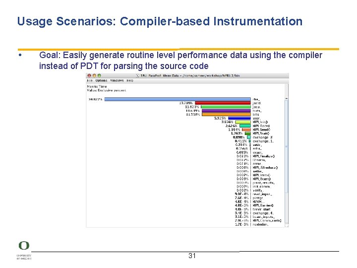 Usage Scenarios: Compiler-based Instrumentation • Goal: Easily generate routine level performance data using the