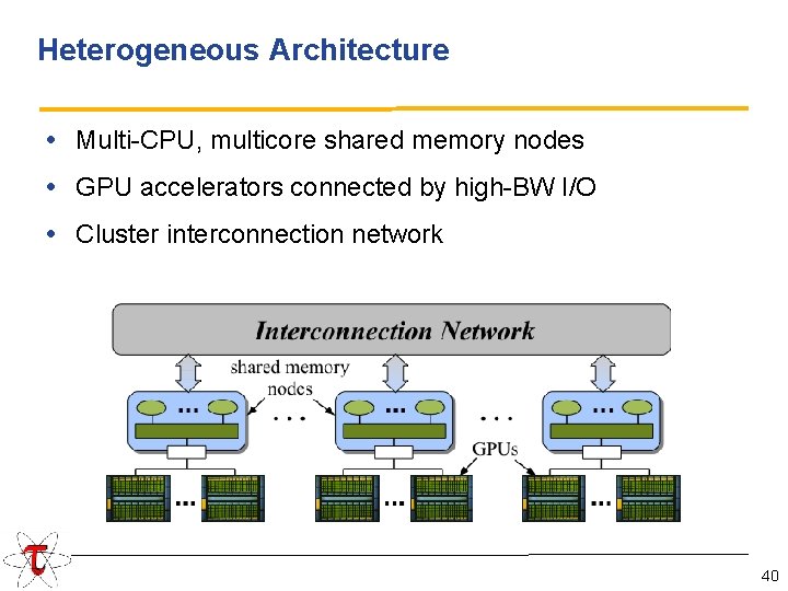 Heterogeneous Architecture • Multi-CPU, multicore shared memory nodes • GPU accelerators connected by high-BW