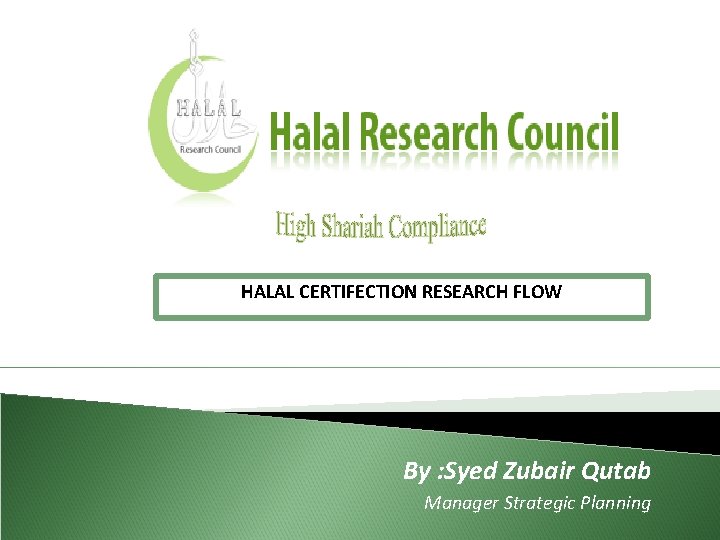 HALAL CERTIFECTIONBy RESEARCH : Syed FLOW Zubair Qutab Manager Strategic P By : Syed