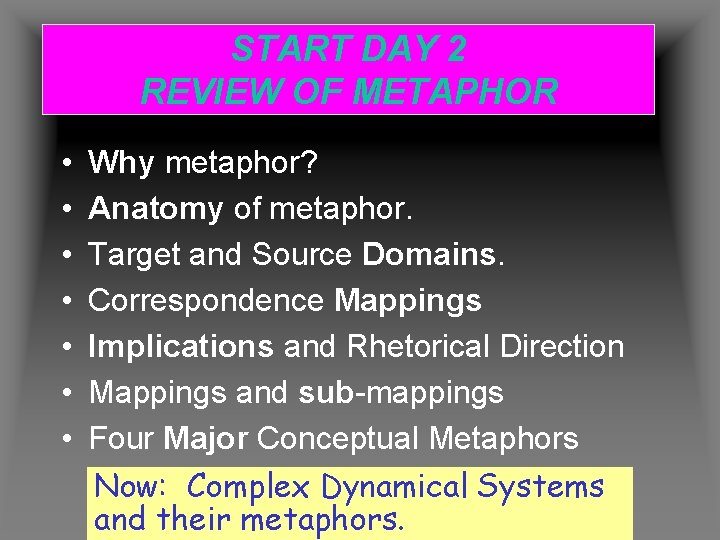 START DAY 2 REVIEW OF METAPHOR • • Why metaphor? Anatomy of metaphor. Target
