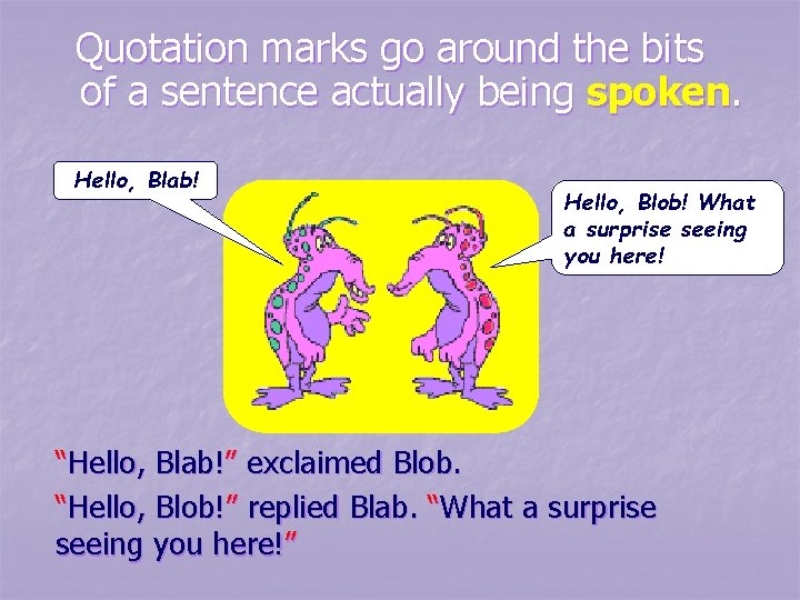 Quotation marks go around the bits of a sentence actually being spoken. Hello, Blab! Quotation marks go around the bits of a sentence actually being spoken. Hello, Blab!