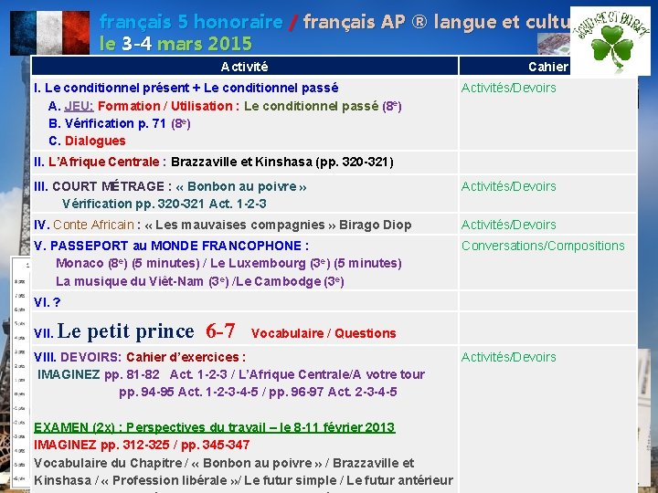français 5 honoraire / français AP ® langue et culture le 3 -4 mars