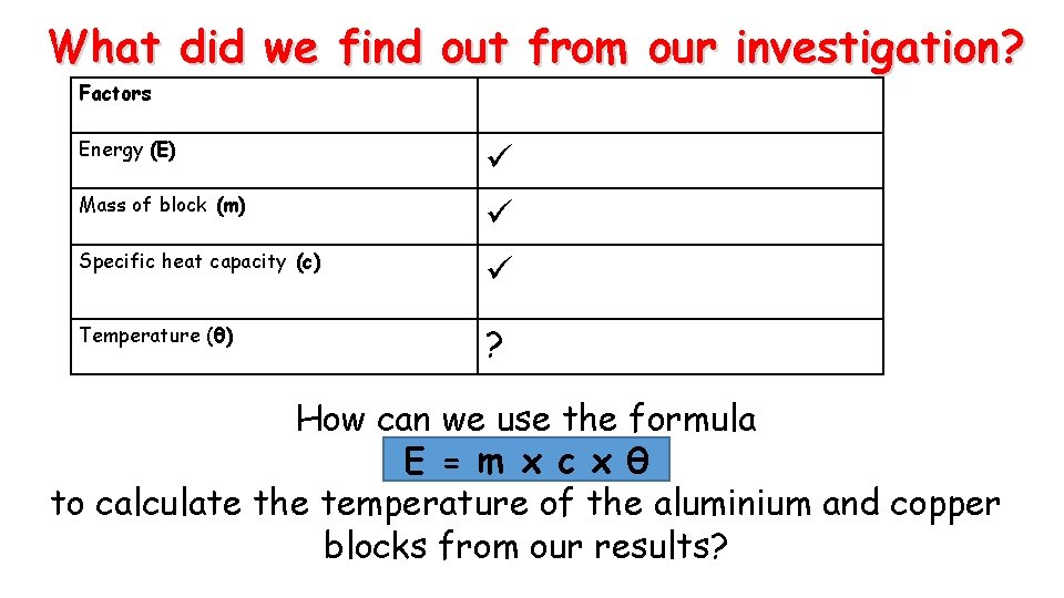 What did we find out from our investigation? Factors Energy (E) Mass of block