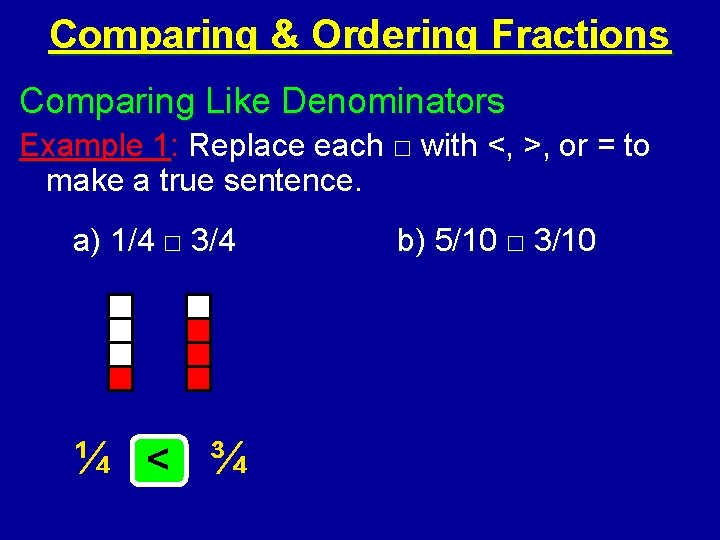 Comparing & Ordering Fractions Comparing Like Denominators Example 1: Replace each □ with <,